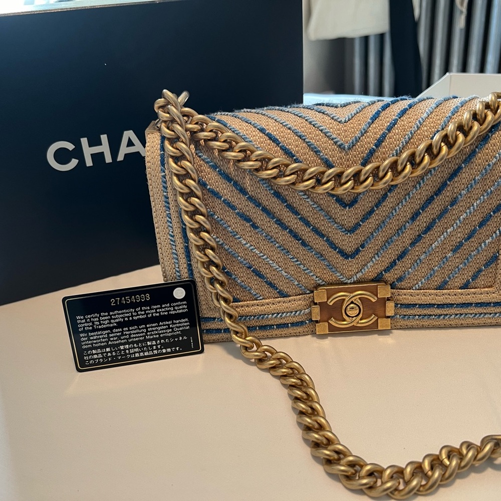 RARE Chanel blue/tan medium boy crossbody